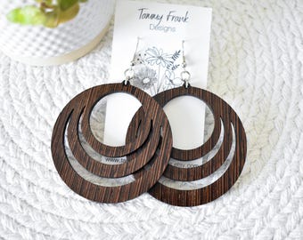 Wenge Wood Dangle Earrings – Handmade Boho-Rustic Laser Cut Exotic Wood Jewelry