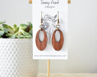 Bubinga Wood Dangle Earrings – Handmade Boho-Rustic Jewelry, Lightweight Laser Cut Exotic Wood Earrings
