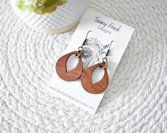 Bubinga Wood Dangle Earrings – Handmade Boho-Rustic Jewelry, Lightweight Laser Cut Exotic Wood Earrings