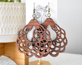 Bubinga Wood Earrings – Boho-Rustic Handmade Laser Cut Wood Jewelry