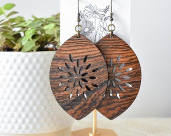 Bocote Wood Dangle Earrings – Handmade Boho-Rustic Laser Cut Exotic Wood Jewelry