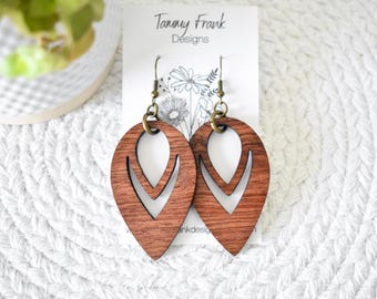 Bubinga Wood Dangle Earrings – Handmade Boho-Rustic Lightweight Laser Cut Wood Jewelry