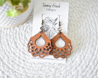 Cherry Wood Dangle Earrings – Handmade Boho-Rustic Lightweight Laser Cut Wood Jewelry