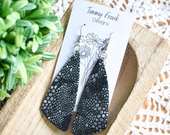 Black Leather Triangle Dangle Earrings - Long Geometric Leather Earrings, Black Leather Earrings