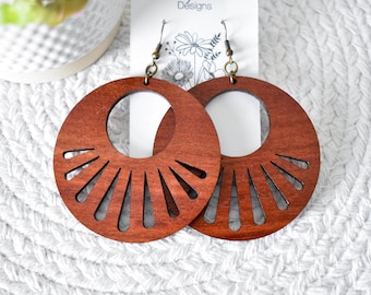 Bloodwood Wood Dangle Earrings – Handmade Boho-Rustic Laser Cut Exotic Wood Jewelry