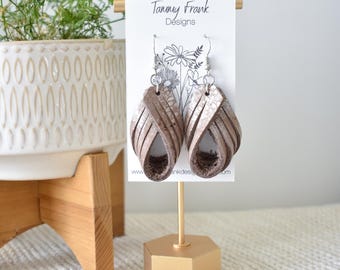Handmade Brown Leather Twist Earrings with Shimmer – Boho-Rustic Dangle Earrings – Everyday Wear
