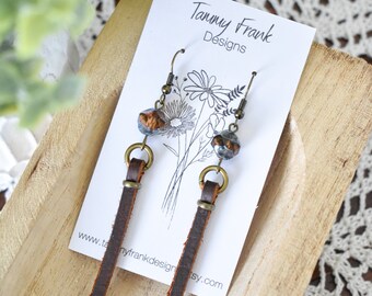 Brown Leather Tassel Dangle Earrings - Bohemian Tassel Dangle Earrings, Leather Tassel Earrings, Brown Leather Earrings