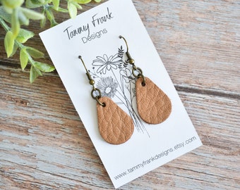 Leather teardrop earrings, leather earrings, small leather teardrop earrings, tan leather teardrop leather earrings, tan leather, tan