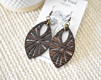 Wenge Wood Dangle Earrings – Handmade Boho-Rustic Lightweight Laser Cut Wood Jewelry