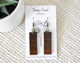 Bocote Wood Dangle Earrings – Handmade Boho-Rustic Jewelry, Lightweight Laser Cut Exotic Wood Earrings