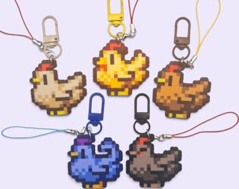 Handgemaakte sleutelhangers met Stardew Valley-kippen | Sleutelhangers met elfjes van strijkkralen voor op je telefoon