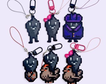 Handgemaakte sleutelhangers met Krobus-personage uit Stardew Valley | Sleutelhangers met kraaltjes en figuurtjes voor op je telefoon
