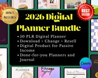 2026 Digital Planner Bundle | 50 Canva PLR Templates | Digital Planners & Journals for Etsy Sellers