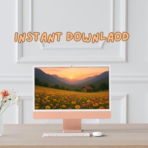 May include: A peach-coloured desktop computer shows a landscape image of a sunset over a field of flowers. The words "INSTANT DOWNLOAD" are above the computer. A vase of flowers is to the left.