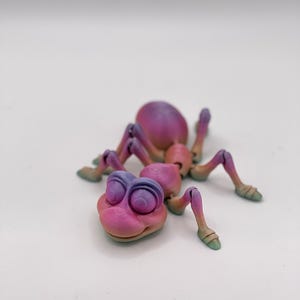 Puede incluir: Una figura de araña caprichosa y colorida en tonos rosa, morado y verde. La araña tiene un cuerpo redondeado y patas segmentadas, con una cara amigable y caricaturesca. Las patas y el cuerpo son articulados.