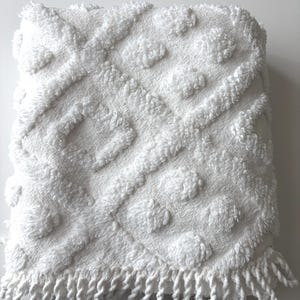 May include: A folded white blanket with a textured diamond and circle pattern. The blanket has a fringe along the bottom edge. The fabric appears soft and plush.