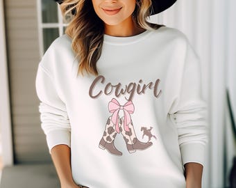 Cowgirl Sweatshirt, Pink Bow Sweatshirt, Western Cowgirl Sweatshirt, Gift for Her, Gift for Teens, Gift for Mom, Cowgirl Boots and Bow