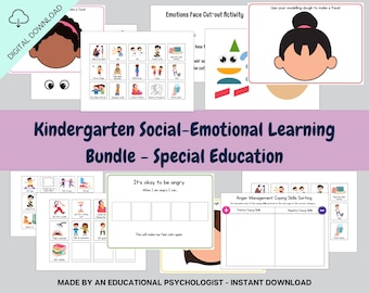 May include: A digital download bundle for kindergarten social-emotional learning and special education. The set includes activity sheets with face cut-outs, emotion cards, anger management sorting charts, and coping skills worksheets.