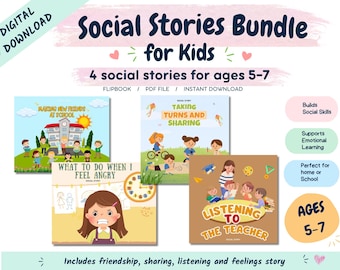 May include: A digital download bundle titled Social Stories Bundle for Kids featuring four illustrated stories for ages 5-7. The set includes Making New Friends at School, Taking Turns and Sharing, What to Do When I Feel Angry, and Listening to the Teacher.