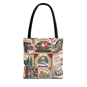 May include: A Christmas-themed tote bag with a black handle. The bag features a collage of vintage-style Christmas scenes, including snowy landscapes, candles, and gingerbread men. The words "Merry Christmas" are visible on several panels.