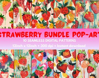 Strawberry Pop Art Pattern, Seamless Fruit Digital Papers (Digital Download)