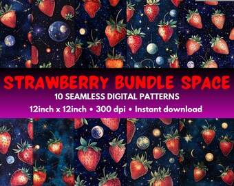 Strawberry Space Digital Paper, Seamless Fruit Pattern (Digital Download)