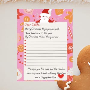 Carta a Papá Noel - Carta para rellenar con espacio en blanco de pan de jengibre rosa dulce de Papá Noel