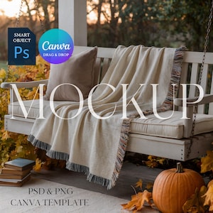 May include: A mockup scene featuring a white wooden swing with a beige throw blanket and a brown pillow. The blanket has a fringed edge. A pumpkin and books are also present. The text "MOCKUP" is overlaid on the image, along with "PSD & PNG CANVA TEMPLATE".