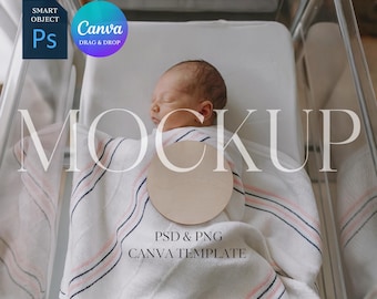 Baby Birth Sign Mockup, Newborn Mock Up Hospital, Realistic Round 6" Wood Sign Mockup, Wooden Circle Photoshop Smart Object PSD, Canva PNG
