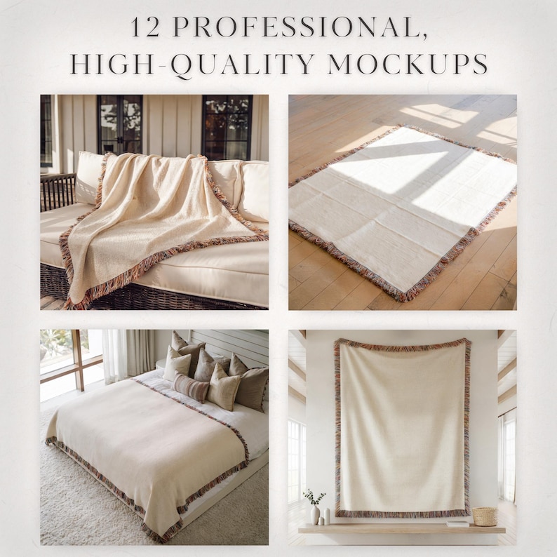Pacchetto di mockup di coperte tessute, mockup di coperte tessute, mockup di coperte tessute con stampa su richiesta, oggetti avanzati in Photoshop (PSD), trascinamento della selezione in Canva immagine 3
