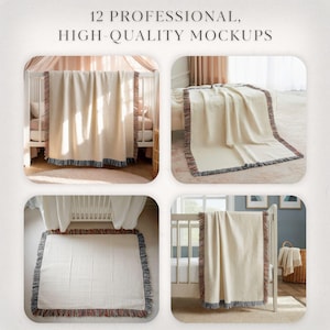 Woven Blanket Mockup Bundle, Baby Nursery Mock up, Printify Throw Blanket PNG Canva Template Drag & Drop, Photoshop PSD Photopea Mockups image 2