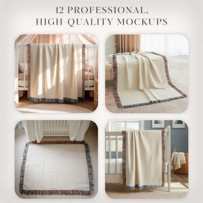 Woven Blanket Mockup Bundle, Baby Nursery Mock up, Printify Throw Blanket PNG Canva Template Drag & Drop, Photoshop PSD Photopea Mockups image 2