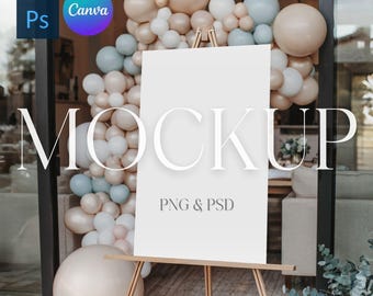Baby Shower Schild Mockup Willkommensschild MockUp Blau Luftballons Staffelei Schild Mockup Vertikales Poster Mockup Photoshop Smartobjekt PSD PNG für Canva