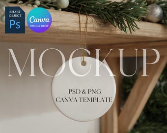 Christmas Ornament Mockup, Round Ceramic Ornament Mock Up, Print on Demand Ornament with Gold String, Photoshop Smart Object PSD, Canva PNG