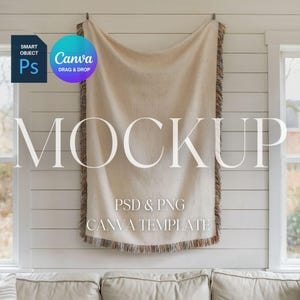 Woven Blanket Mockup, Woven Throw Blanket Mock Up, Print on Demand Woven Blanket Mockup, Photoshop Smart Object PSD, Canva Drag & Drop PNG