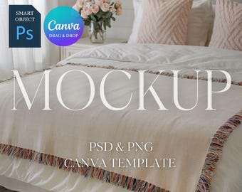 Woven Blanket Mockup, Woven Throw Blanket Mock Up, Print on Demand Woven Blanket Mockup, Photoshop Smart Object PSD, Canva Drag & Drop PNG