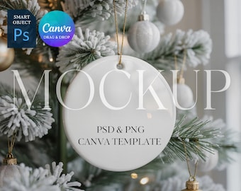 Christmas Ornament Mockup, Round Ceramic Ornament Mock Up, Print on Demand Ornament with Gold String, Photoshop Smart Object PSD, Canva PNG