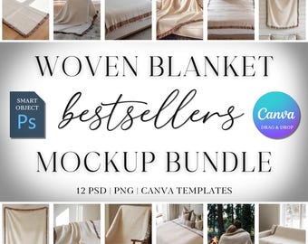 Woven Blanket Mockup Bundle, Woven Throw Blanket Mock Up, Print on Demand Woven Blanket Mocks, Photoshop Smart Object PSD, Canva Drag & Drop