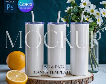 Skinny Tumbler Mockup, 20 oz Tumbler Mockup, Drei Becher Mockup, Weißer Becher, Photoshop Smart Objekt PSD Mockup PNG Canva Ziehen und ablegen