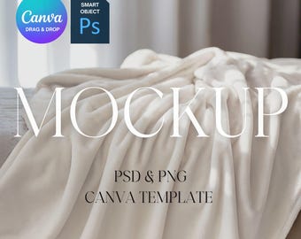 Blanket Mockup, White Minky Blanket Mock Up, POD Printify Velveteen Plush Blanket Mockup, Photoshop Smart Object PSD, Canva Drag & Drop PNG