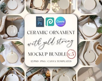 Christmas Ornament Mockup Bundle 6, Round Ceramic Ornament Mock Up, Print on Demand Ornament with Gold String, Holiday Mockups PSD Canva PNG