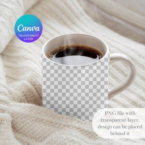 K&ouml;nnte beinhalten: Eine wei&szlig;e Keramiktasse mit schwarzem Henkel, gef&uuml;llt mit Kaffee und aufsteigendem Dampf. Die Tasse steht auf einer wei&szlig;en Strickdecke.