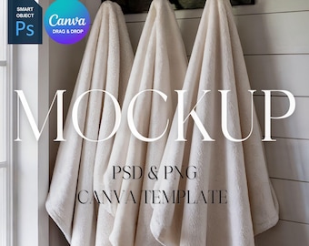 Multiple Blanket Mockup, White Minky Blanket Mock Up, POD Velveteen Plush Blanket Mockup, Photoshop Smart Object PSD, Canva Drag & Drop PNG