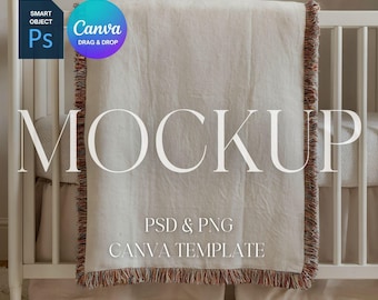 Mockup di coperta tessuta per neonati, Mockup di coperta tessuta per bambini, Mockup di coperta tessuta per cameretta, Oggetto avanzato di Photoshop PSD, Canva Drag & Drop PNG
