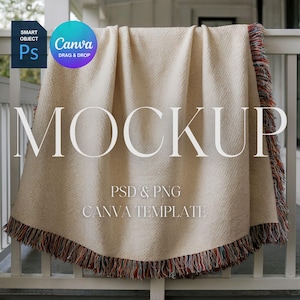 Woven Blanket Mockup, Woven Throw Blanket Mock Up, Print on Demand Woven Blanket Mockup, Photoshop Smart Object PSD, Canva Drag & Drop PNG