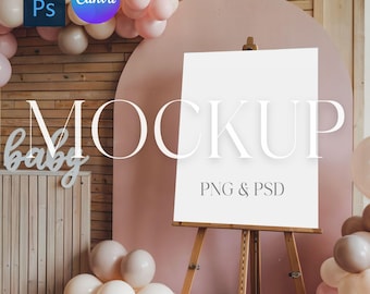 Welcome Sign Mockup, Vertical 16x20" Girl Baby Shower Sign Mock Up, Pink Balloons Easel Sign, Canva Photoshop Mockup Smart Object, PSD PNG