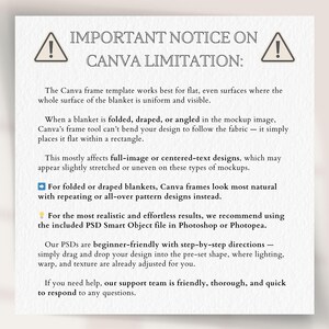 The image is a canvas limitation notice that provides information about the Canva frame template and its limitations on how it can be used for different types of designs.