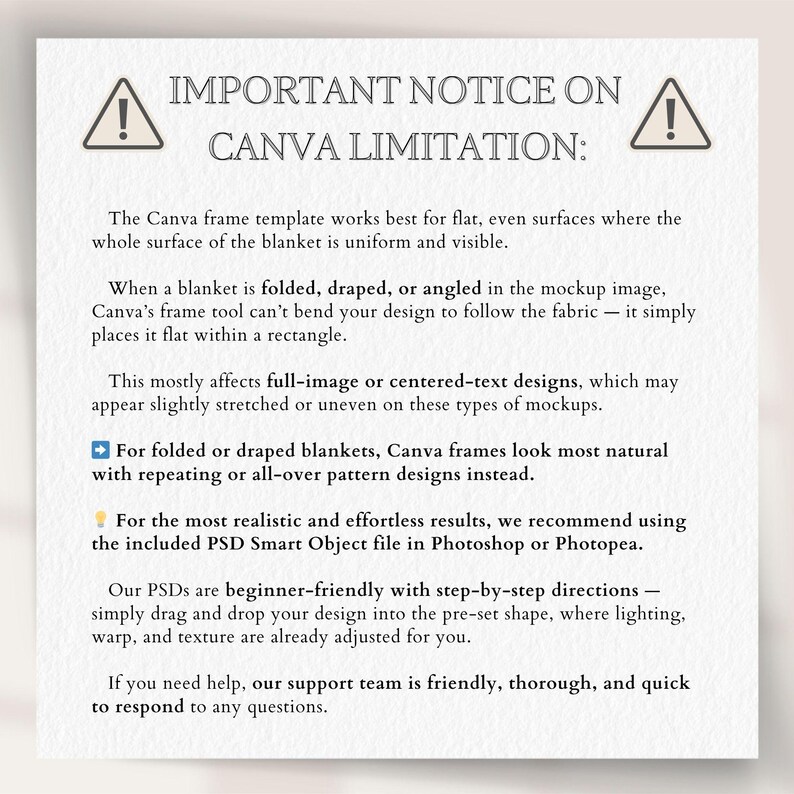 The image is a canvas limitation notice that provides information about the Canva frame template and its limitations on how it can be used for different types of designs.