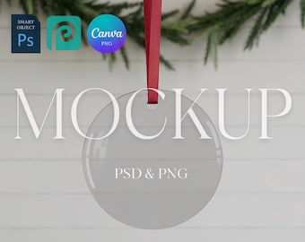 Christmas Ornament Mockup, Clear Acrylic Ornament with Red Ribbon, Round Glass Circle Ornament Mockup for Photopea & Photoshop PSD Canva PNG