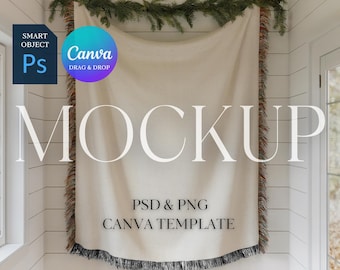 Christmas Woven Blanket Mockup With Black and White Fringe, Print on Demand Woven Throw Blanket Mock Up Photoshop Smart Object PSD Canva PNG